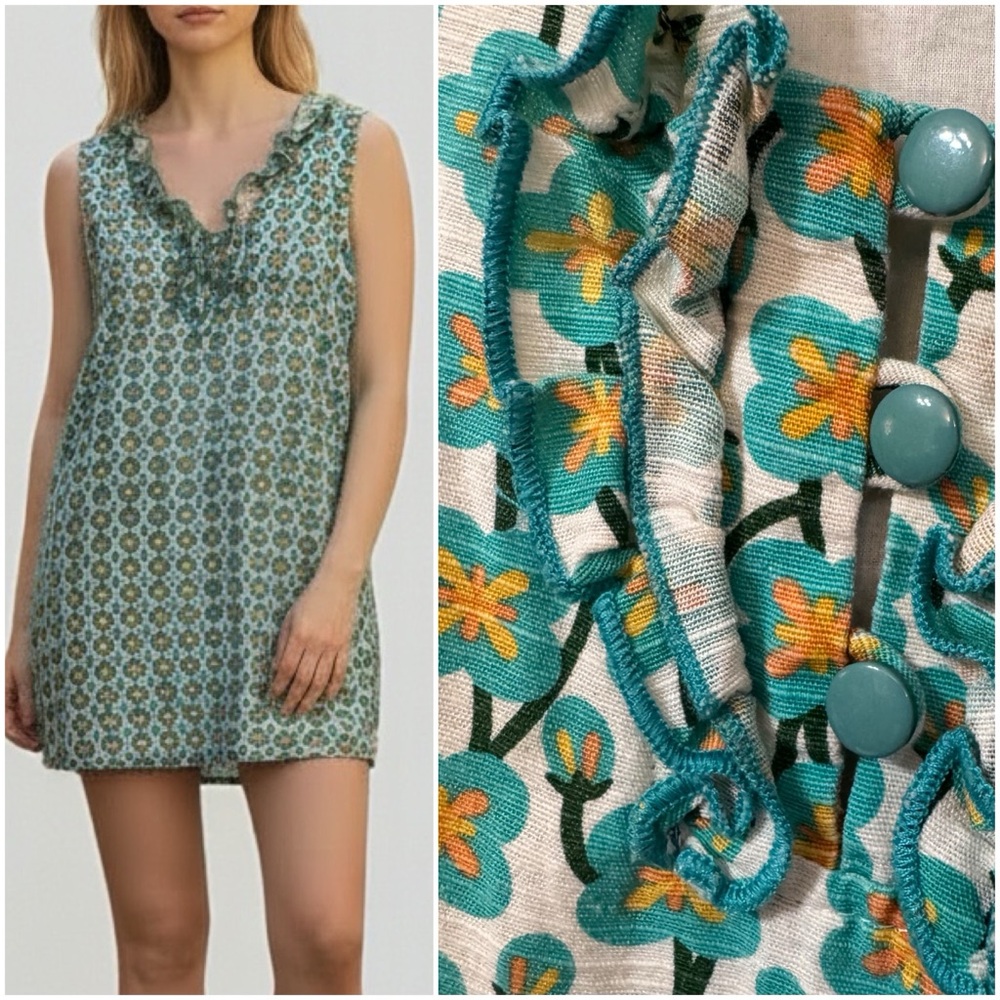 Linen & Cotton Floral Jade Melody Tak Mini Dress Ruffles Buttons Lined Teal